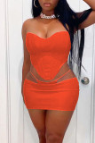 Tangerine Red Sexy Solid Patchwork Asymmetrical Strapless Sleeveless Two Pieces