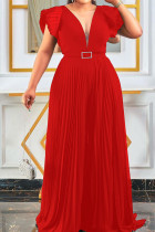 Roter, eleganter, einfarbiger, lockerer Overall mit Patchwork-Falten und V-Ausschnitt