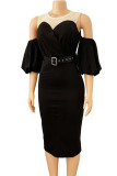 Zwarte mode sexy effen uitgeholde patchwork met riem O-hals jurken