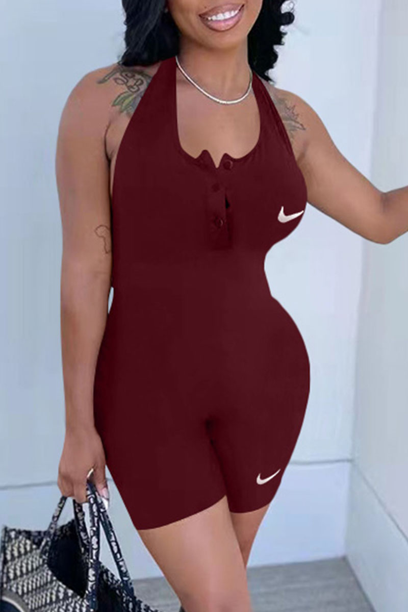 

Burgundy Fashion Casual Print Backless Halter Jumpsuits