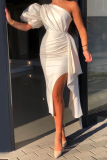 White Sexy Solid Patchwork Off the Shoulder Irregular Dress Dresses