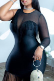 Черные модные сексуальные лоскутные прозрачные асимметричные платья с круглым вырезом и длинными рукавами с кисточками