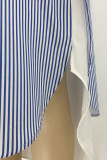 Blue Casual Striped Print Patchwork Buckle Turndown Collar Shirt Dress Dresses