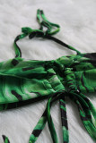 Grüner sexy Print-Verband-Patchwork-durchsichtiger Neckholder, ärmellos, zweiteilig