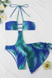 Blaues, modisches, sexy, rückenfreies Badebekleidungsset mit Patchwork-Druck und Bandage