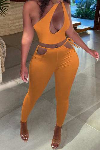 Orange Fashion Sexy Solid Hollowed Out Backless One Shoulder Sleeveless Two Pieces