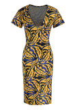 Синее желтое модное повседневное платье с принтом и коротким рукавом с v-образным вырезом