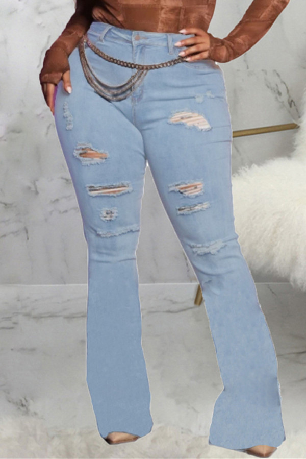 Голубые модные повседневные однотонные рваные джинсы с высокой талией, обычные джинсовые джинсы (без поясной цепочки)