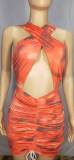 Tangerine Sexy Print Patchwork Draw String Fold-jurken
