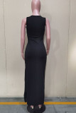 Zwarte sexy effen uitgeholde patchwork split asymmetrische asymmetrische kraag rechte jurken