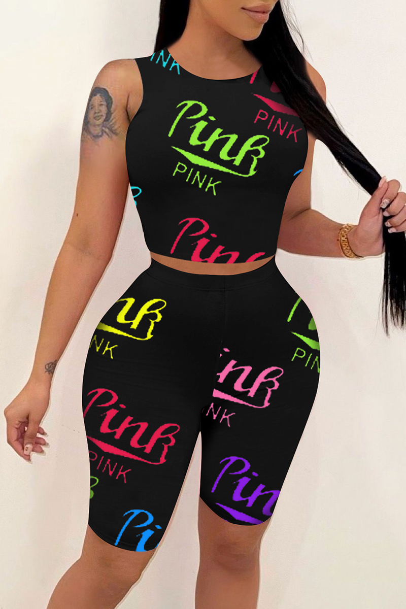 

Black Fashion Casual Letter Print Basic O Neck Sleeveless Two Pieces
