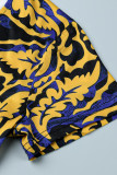 Blauw Geel Mode Casual Print Basic V-hals Jurk met Korte Mouwen