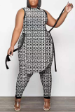 Black And White Sexy Print Patchwork O Neck Sleeveless Two Pieces