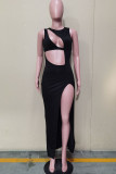 Black Sexy Solid Hollowed Out Patchwork Slit Asymmetrical Asymmetrical Collar Straight Dresses