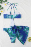 Blauwe mode sexy patchwork print bandage backless swimwears set
