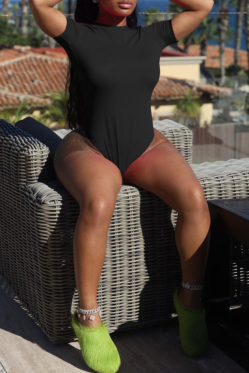 

Black Sexy Solid Split Joint O Neck Swimwear