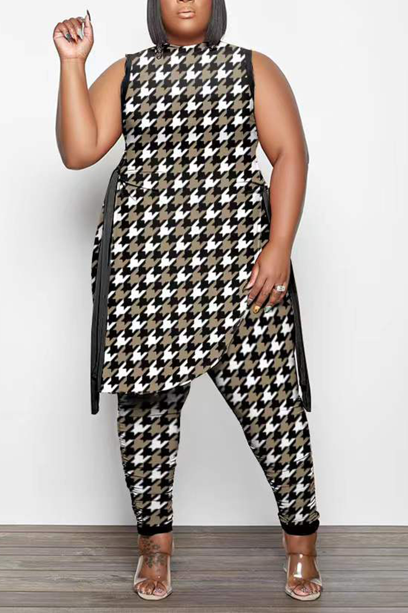 

Dark Coffee Sexy Print Split Joint O Neck Sleeveless Two Pieces