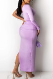 Light Purple Fashion Sexy Solid Hollowed Out Frenulum Backless Oblique Collar Long Sleeve Dresses
