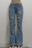 Baby Blue Fashion Casual Solid High Waist Regular Flare Leg Ripped Denim Jeans(Without Waist Chain)