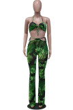 Green Sexy Print Bandage Patchwork See-through Halter Sleeveless Two Pieces