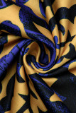 ブルー イエロー ファッション カジュアル プリント ベーシック V ネック ショート スリーブ ドレス