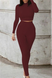 Burgundy Fashion Casual Solid Basic O Neck Long Sleeve Two Pieces