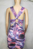 Фиолетовый сексуальный принт в стиле пэчворк Draw String Fold Dress