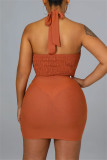 Brown Sexy Patchwork Hot Drilling Bandage Hollowed Out Backless Halter Sleeveless Dress