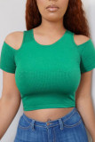 Groene casual eenvoud effen patchwork T-shirts met O-hals