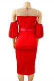 Rote, modische, sexy, solide, ausgehöhlte, Patchwork-Kleider mit Gürtel und O-Ausschnitt