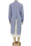 Robe chemise à col rabattu et imprimé patchwork à rayures décontractées bleues