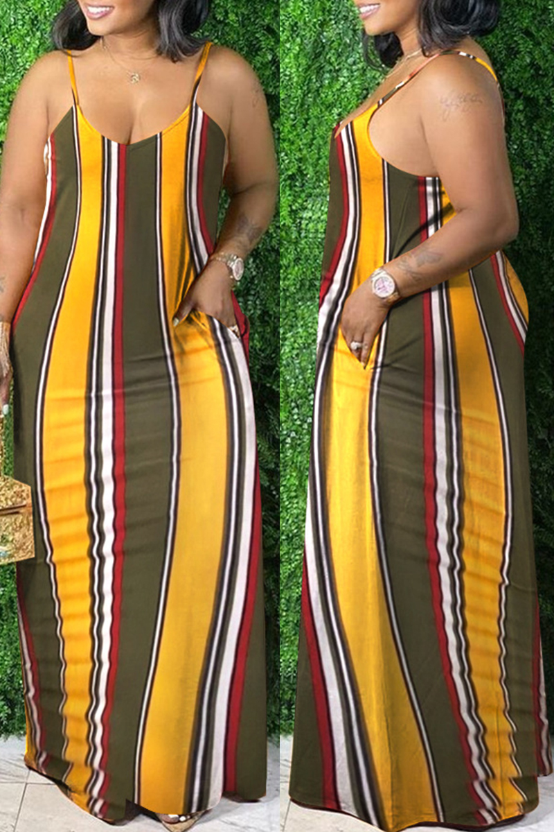 

Yellow Sexy Casual Striped Print Backless Spaghetti Strap Long Dress Dresses
