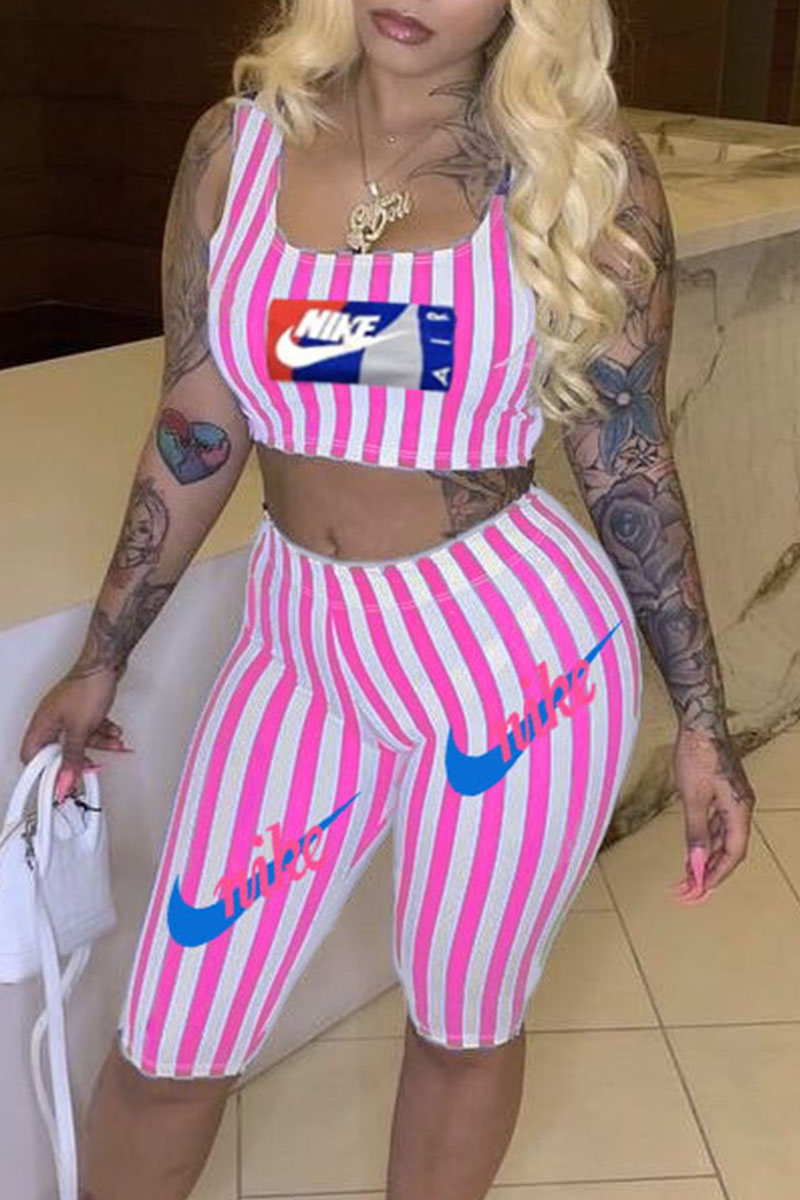 

Pink Fashion Casual Striped Split Joint Square Collar Sleeveless Two Pieces