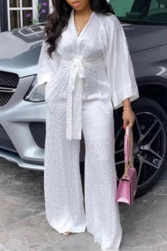 White Casual Print Patchwork V Neck Straight Jumpsuits
