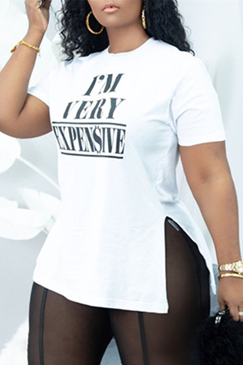 

White Fashion Casual Letter Print Slit O Neck T-Shirts