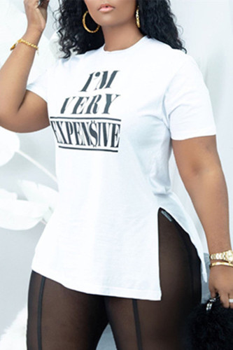 White Fashion Casual Letter Print Slit O Neck T-Shirts