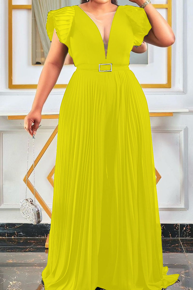 

Yellow Elegant Solid Split Joint Fold V Neck Loose Jumpsuits