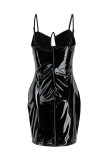 Zwarte mode sexy effen uitgeholde backless spaghetti band mouwloze jurk