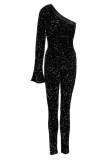 黒のファッションセクシーなパッチワークスパンコール背中の開いた斜めの襟スキニージャンプスーツ