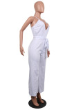 White Sexy Casual Solid Backless V Neck Regular Jumpsuits