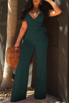Army Green Sexy Casual Solid Backless V Neck Regular Jumpsuits