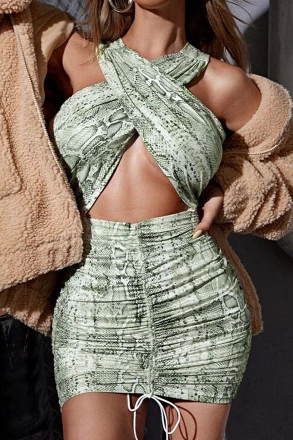 Gris Verde Estampado Sexy Patchwork Draw String Fold Vestidos
