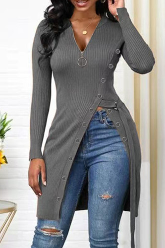 Grey Fashion Casual Solid Patchwork Slit Zipper V Neck Tops