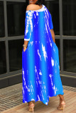 Blå Mode Sexigt Tryck Asymmetrisk Snedkrage Lång Klänning
