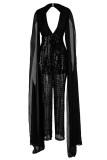 Черные свободные комбинезоны средней длины в стиле пэчворк с длинным рукавом