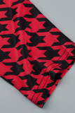 Красный модный повседневный клетчатый принт с буквенным принтом, базовый, с круглым вырезом, с коротким рукавом, из двух частей
