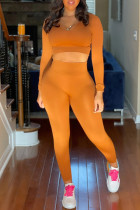 Oranje Mode Casual Solid Basic O-hals Lange mouw Tweedelig
