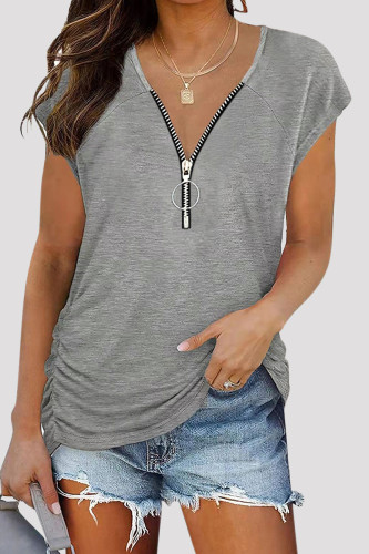 Grey Fashion Casual Solid Patchwork Zipper V Neck T-Shirts