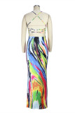 Rainbow Color Fashion Sexy Print Backless Spaghetti Strap Robes longues