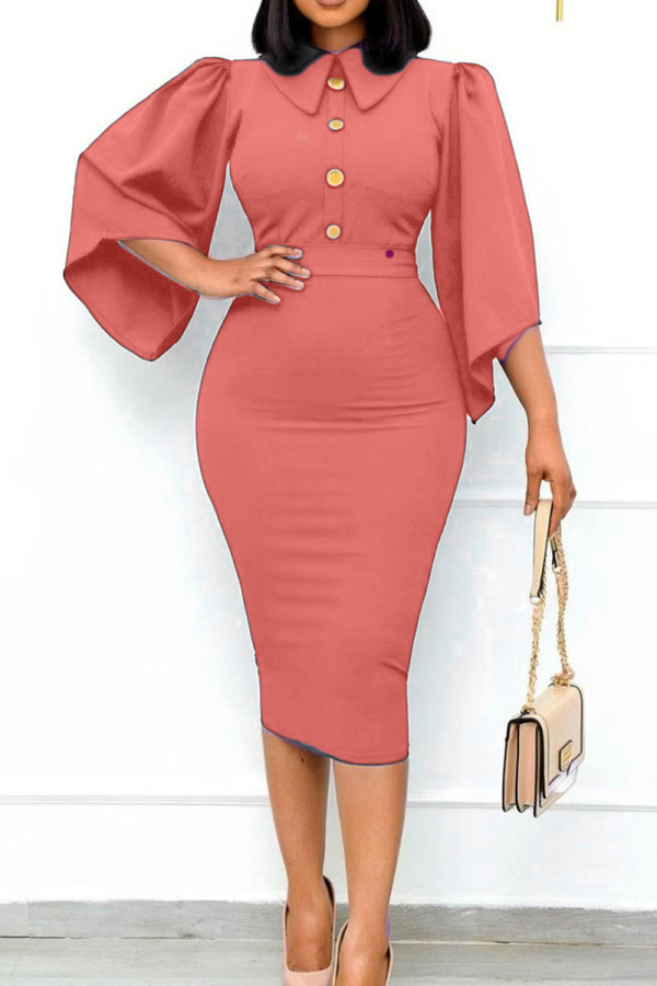 ピンク ファッション カジュアル ソリッド パッチワーク ターンダウン カラー ペンシル スカート ドレス